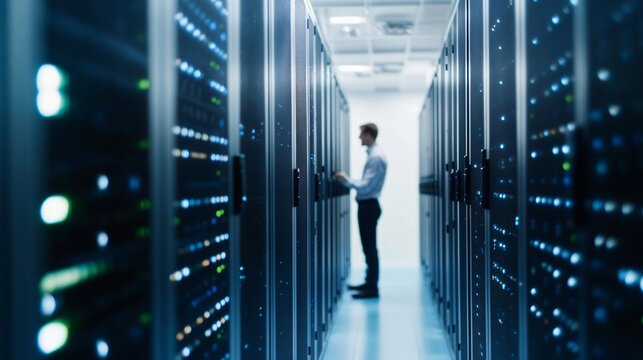 Tech professional standing in data center, Asian male IT technician analyzing server racks in high-tech environment, copy-space.