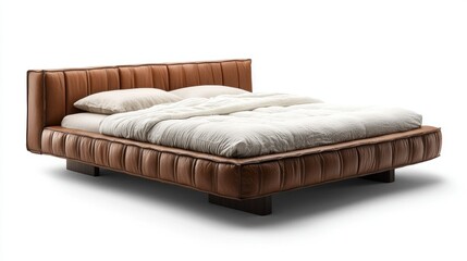 Modern Leather Bed, White Bedding, Studio Shot