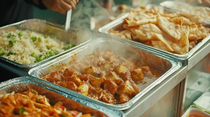 Assorted fried dishes displayed in vibrant trays, colorful street food market setting, inviting and appetizing atmosphere.