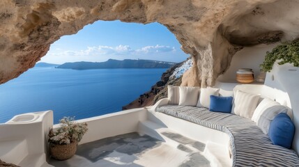 Cozy cave hotel room overlooking picturesque santorini caldera in greece © timurlan999