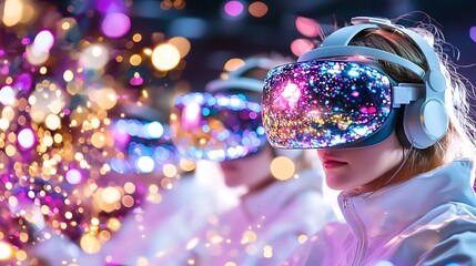 Students in Virtual Reality Headsets Immersed in Holographic Learning Environment with Futuristic Glowing Lights and Technological Background