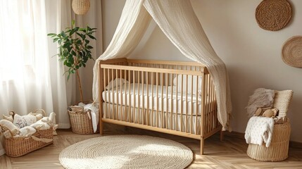 Beige nursery crib with canopy, natural decor