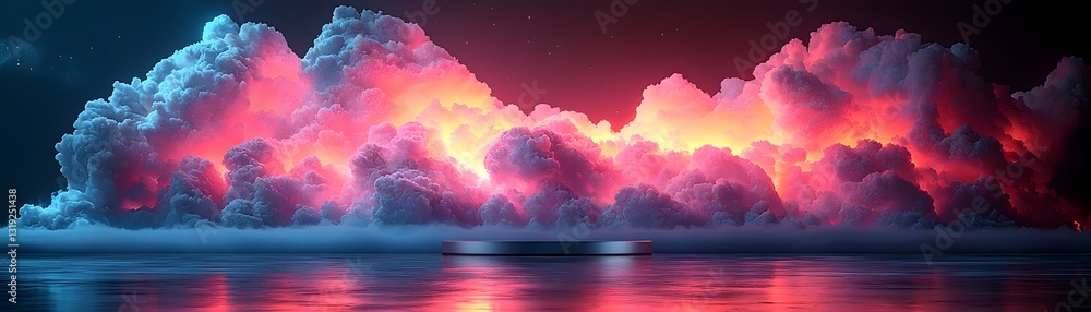 Poster dreamy soft lit podium reflecting colorful cloudy backdrop for product display