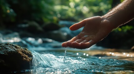 A serene hand reaching into a flowing stream, surrounded by lush greenery and soft sunlight