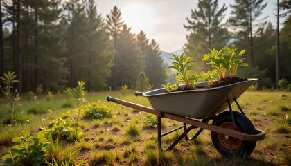 Wheelbarrow filled with soil and plants on grassy meadow, surrounded by trees, soft sunlight, peaceful forest morning