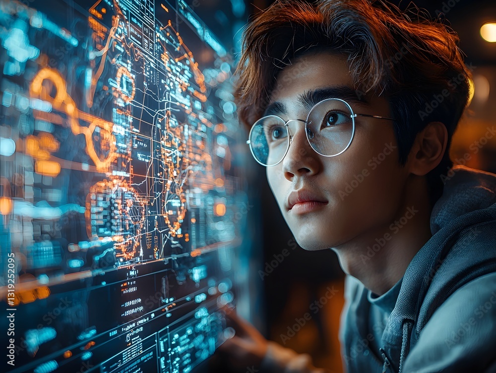 Poster futuristic ai powered financial classroom with glowing data visualizations and algorithmic teaching