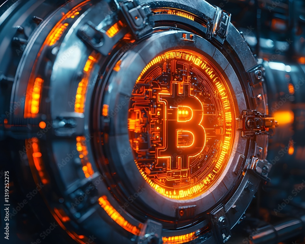 Poster glowing digital vault representing ai enhanced cryptocurrency security systems