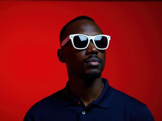Obraz premium Portrait of Man Wearing White Sunglasses and Navy Polo Shirt Against Red Background