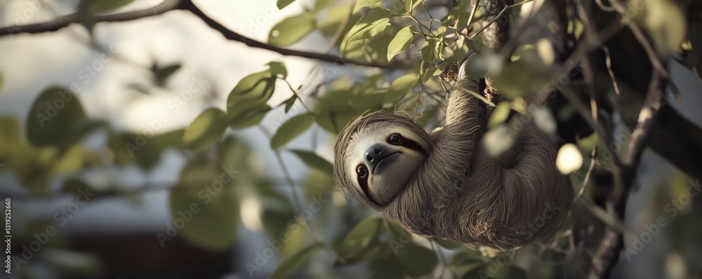 Poster a slow moving sloth hangs casually from a leafy tree branch