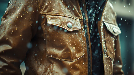 Rain-Kissed Leather: A close-up shot showcases the exquisite texture of a brown leather jacket, beads of rain glistening on its surface. The image evokes a sense of resilience and timeless style.