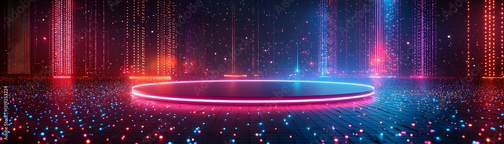 Poster futuristic floating podium on glowing digital grid for showcasing products and concepts