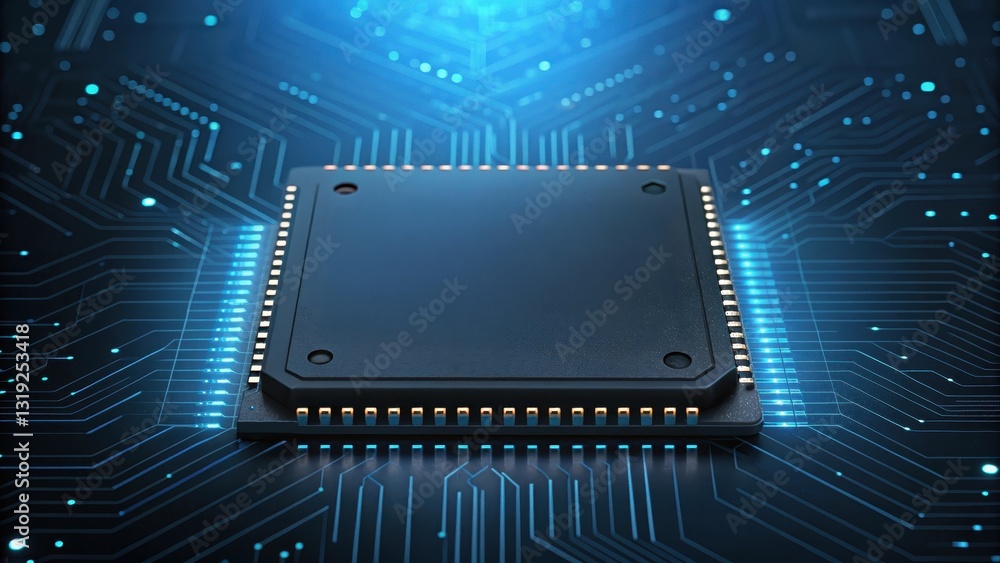 Poster llm large language models. image of a microprocessor on a blue circuit board background.