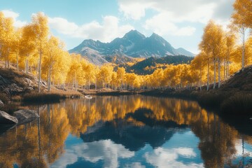 Fototapeta premium Yellow Trees by Lake with Mountain