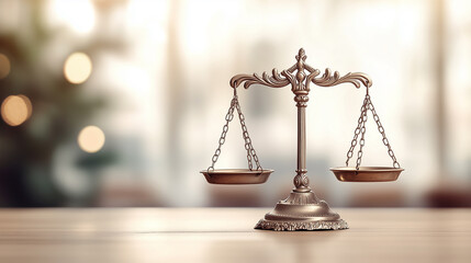 Symbolic Scales of Justice on Wooden Table