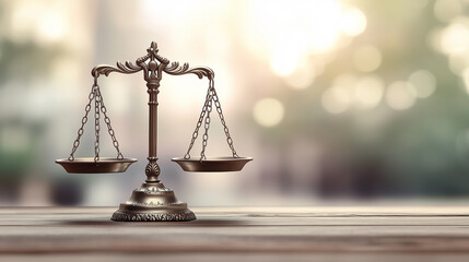 Balanced Scales of Justice on Wooden Table
