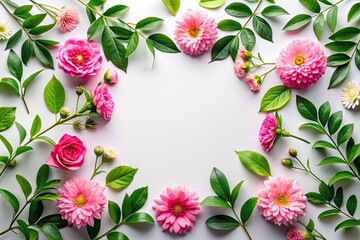 Obraz premium Elegant pink flowers and green leaves frame a white background, creating a minimalist botanical spring design.