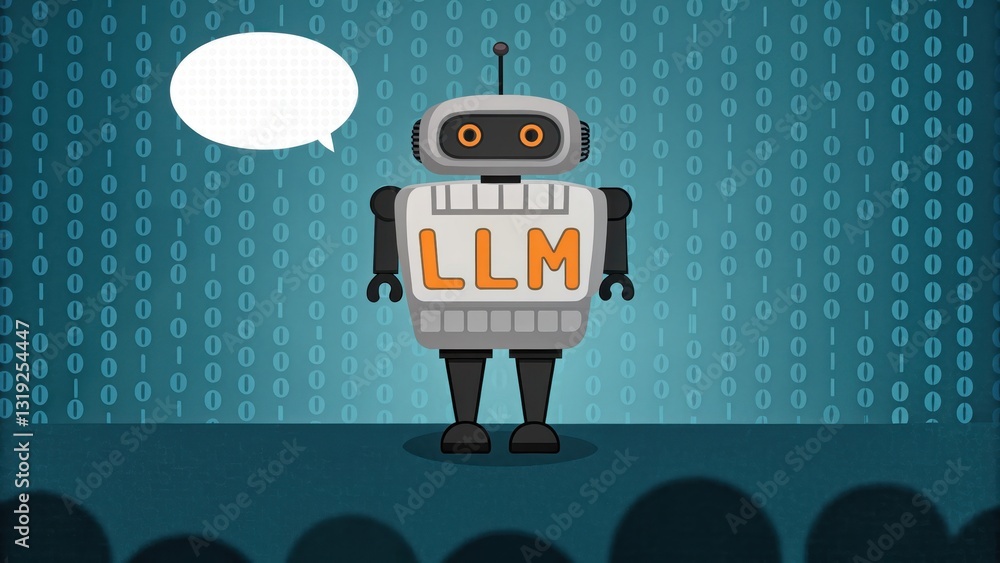 Poster llm large language models. robot character presenting on stage with a speech bubble and binary backg