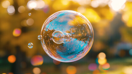 Ephemeral Sphere: A shimmering soap bubble floats weightlessly against a soft, blurred backdrop of golden sunlight filtering through the trees.