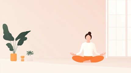 Obraz premium Calm child meditating, young girl in an orange outfit practicing mindfulness at home, serene atmosphere with plants.