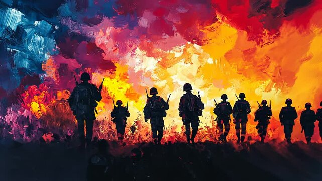 Dynamic Cartoon Battle Scene Featuring Soldiers and Tanks in a 2D Warzone Animation