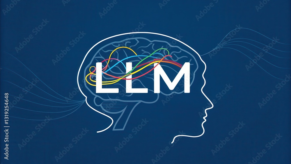 Poster llm large language models. brain illustration with llm text and colorful connections on a blue backg