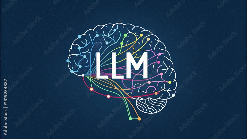 Poster llm large language models. visual representation of a brain with colorful neural connections and the