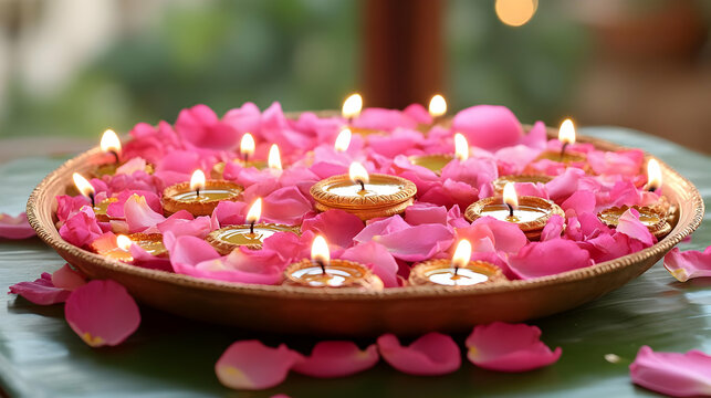 Pink rose petals, burning candles, tray, peace