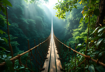 Fototapeta premium The Forest Crossing: A Rope Bridge Through the Wilderness