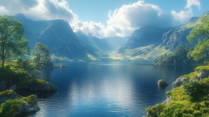 Serene lake nestled amidst majestic mountains, bathed in sunlight. Lush greenery surrounds tranquil waters