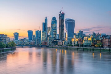 Obraz premium London skyline reflecting in the thames at sunset with the walkie talkie, the cheesegrater and the scalpel