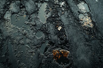 Rough asphalt texture with puddles in low light. Neural network AI generated