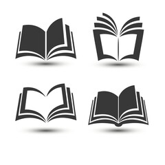 Open Book Icon Set Black Silhouette Vector for Education Reading Library Study eBooks Publishers Digital Media Minimalist Flat Design Isolated on White Background Modern Book Symbols Collection