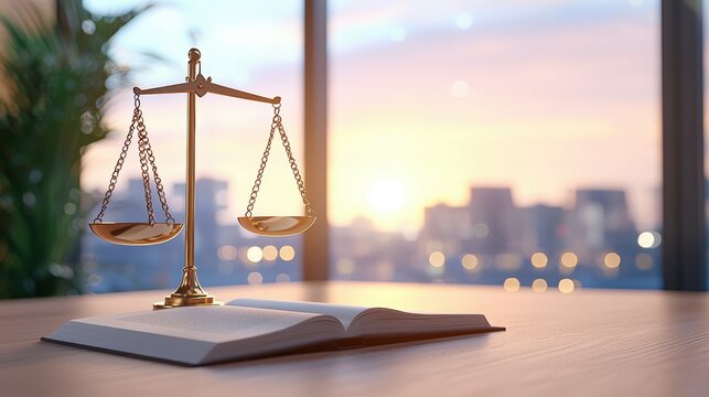 A golden scale of justice sits on an open book against a backdrop of a sunset cityscape, symbolizing law and fairness.