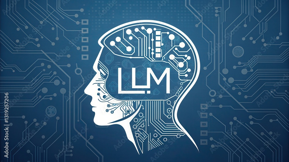 Poster llm large language models. silhouette of a human head with circuit patterns, symbolizing technology 