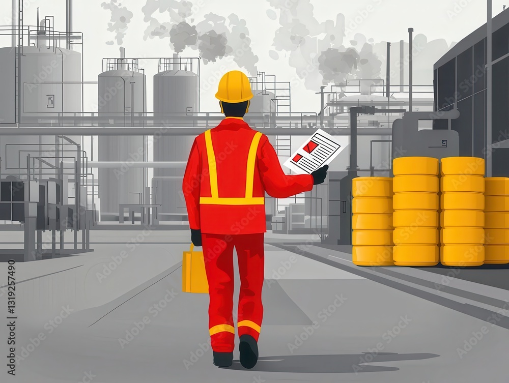 Poster Worker in a factory environment implementing safety measures and protocols for a secure workplace setting