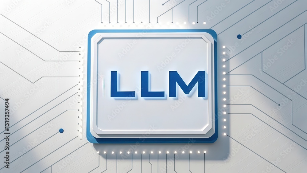 Poster llm large language models. modern microchip design featuring llm on a circuit board background.