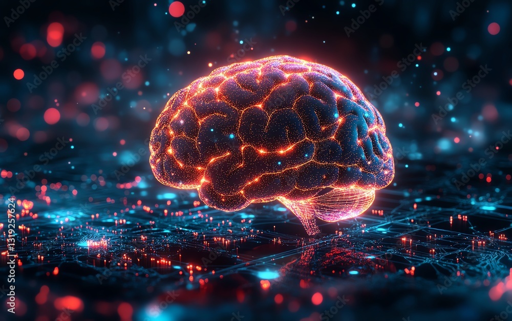 Poster a glowing digital brain with neural connections, representing intelligent ai systems and advanced te