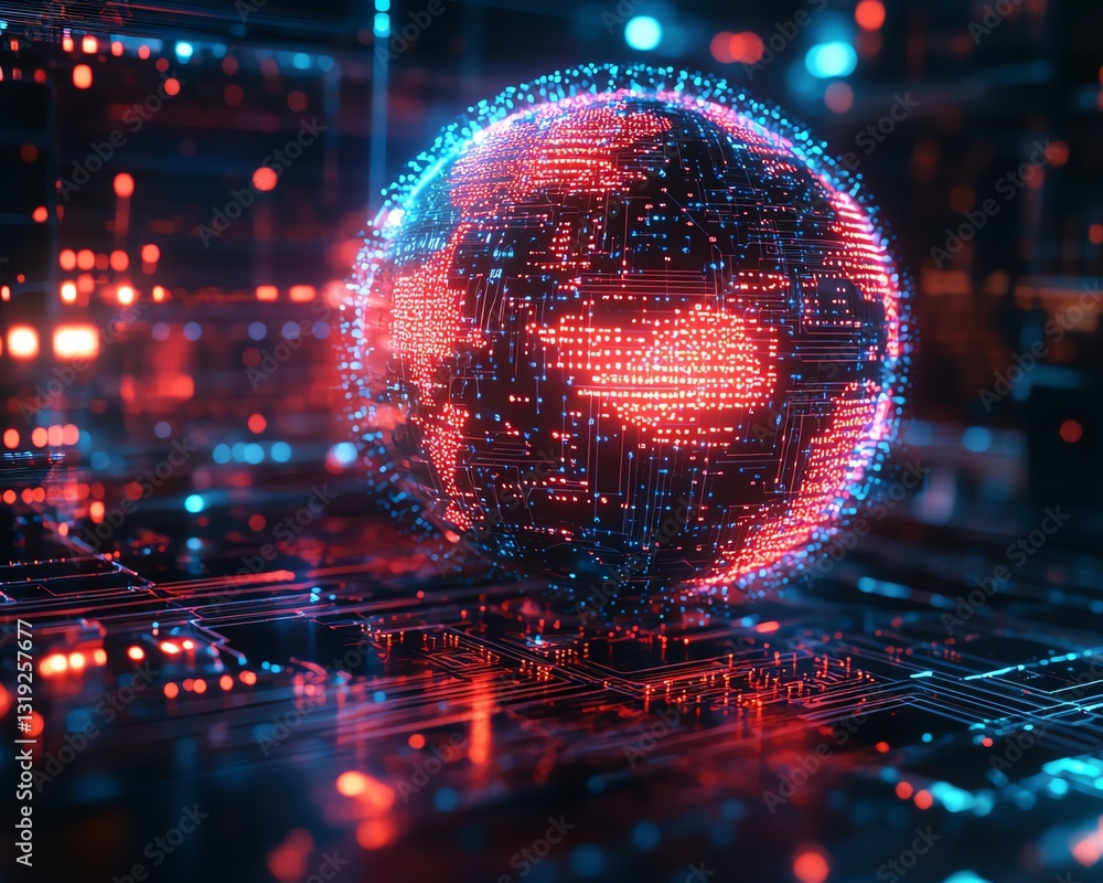 Poster a glowing digital globe surrounded by circuit board patterns, representing global connectivity and t