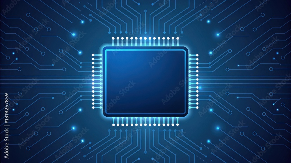 Poster llm large language models. abstract circuit board with a central processor on a blue background.