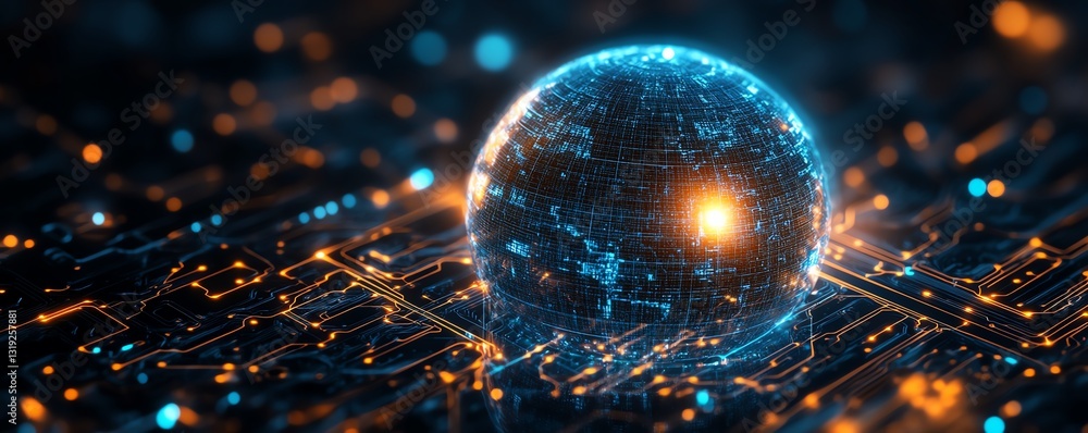 Poster a glowing digital globe overlaid on a circuit board, representing the seamless integration of global