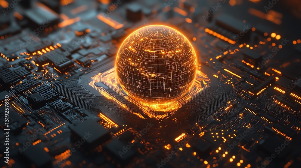 Poster a glowing digital globe on a circuit board, representing the intersection of global digital networks