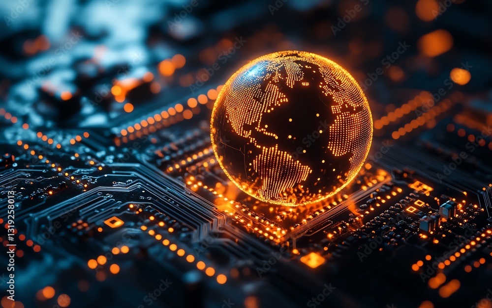 Poster a glowing digital globe placed on a circuit board, illustrating the power of global digital connecti
