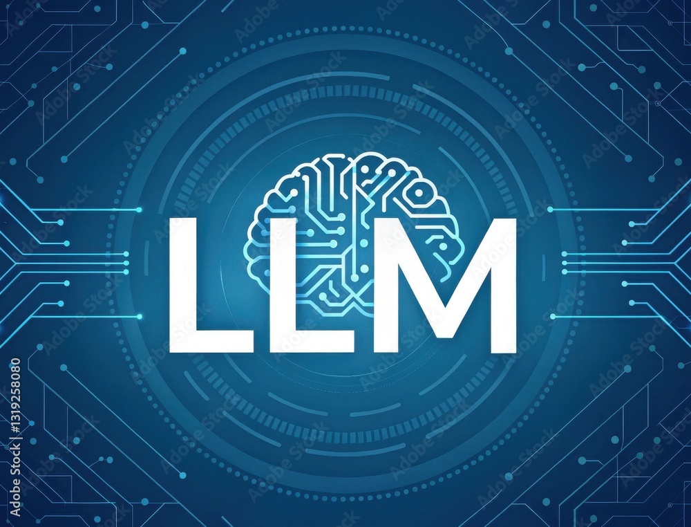 Poster llm large language models. brain illustration with llm text on a tech background.