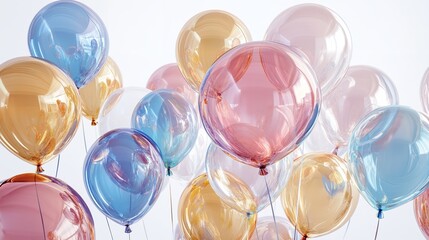 A Whimsical Flight Of Pastel Balloons Celebrating A Joyous Occasion With Soft, Translucent Textures And A Bright, Airy Background