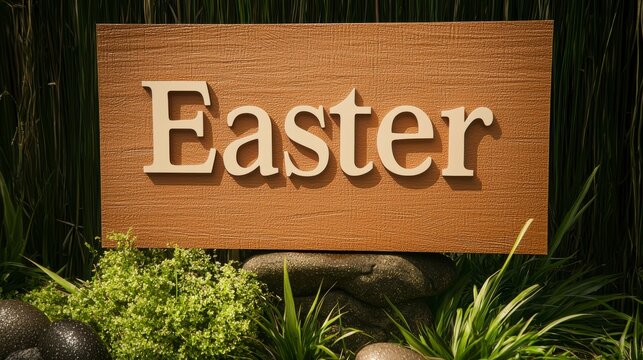 Beige Wooden Easter Sign in Lush Green Foliage