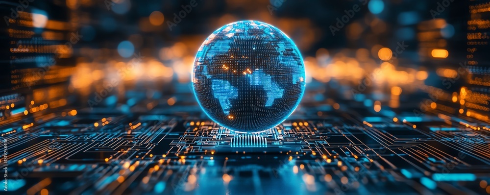 Poster a luminous digital globe placed on a circuit board, symbolizing global digital connectivity and the 