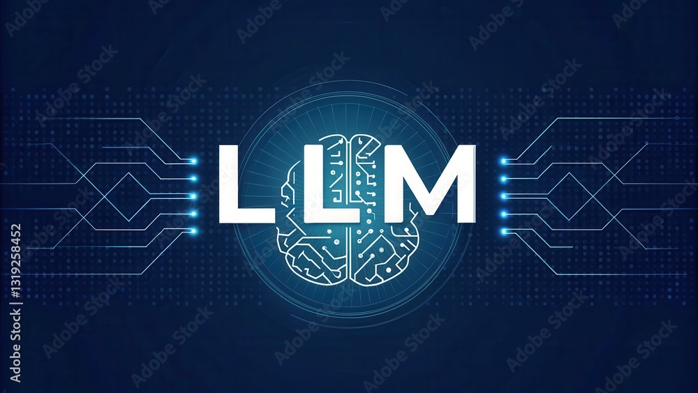 Poster llm large language models. modern digital illustration featuring the acronym llm with a brain and ci