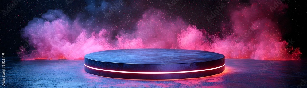 Poster glowing holographic podium floating in cosmic nebula background for product display