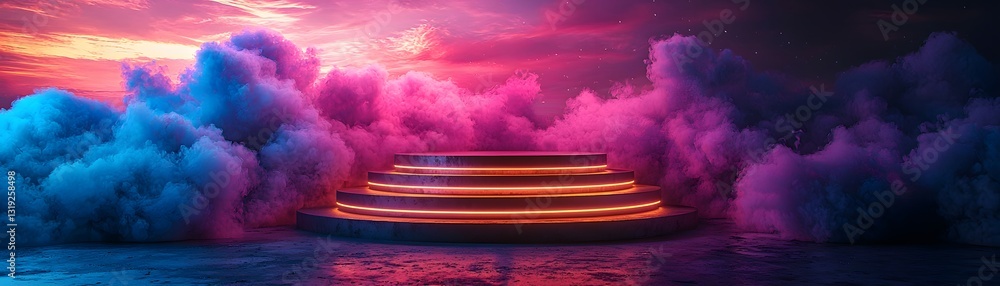 Poster holographic circular podium floating in cosmic nebula background for product display concept