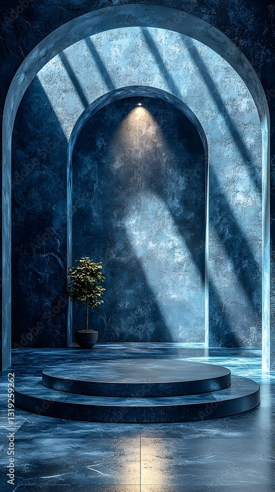 Poster minimalist steel podium in monochromatic setting with glowing geometric patterns on walls empty back